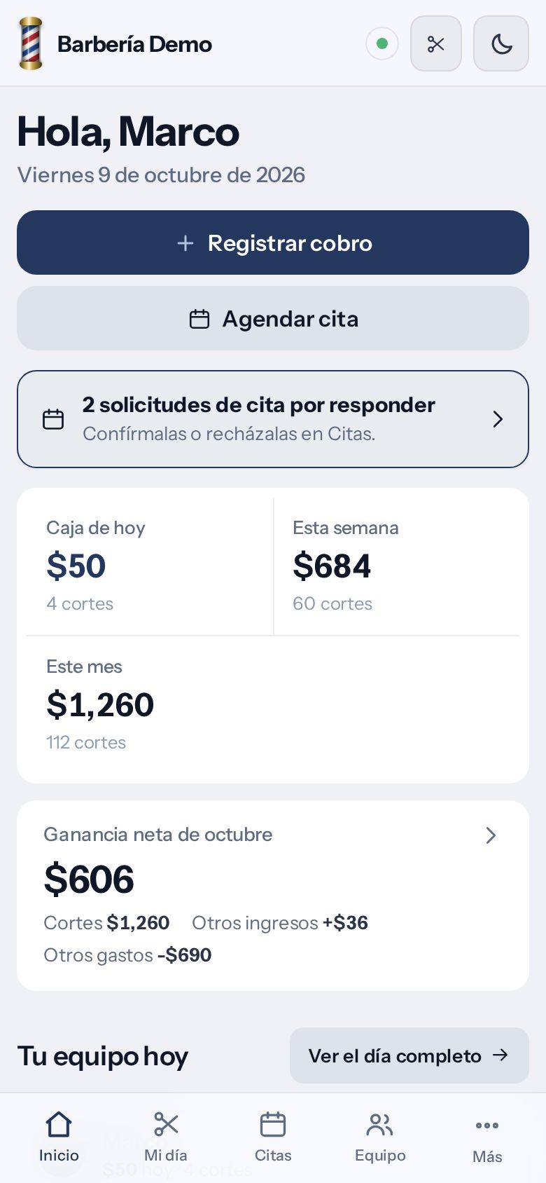 Caja de hoy en Bills: cobros del día, semana y mes