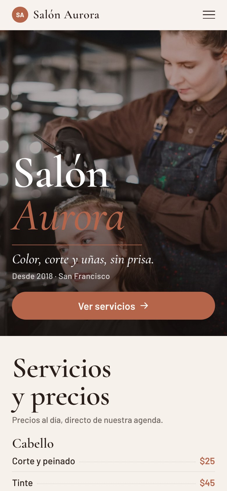 Website de un salón con sus servicios y precios, conectado a Bills